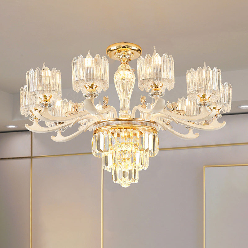 Cylindrical Shaped Living Room Chandelier Light Retro Clear Glass Gold Pendant Light with Layered Crystal Decor Clearhalo 'Ceiling Lights' 'Chandeliers' Lighting' options 2198639