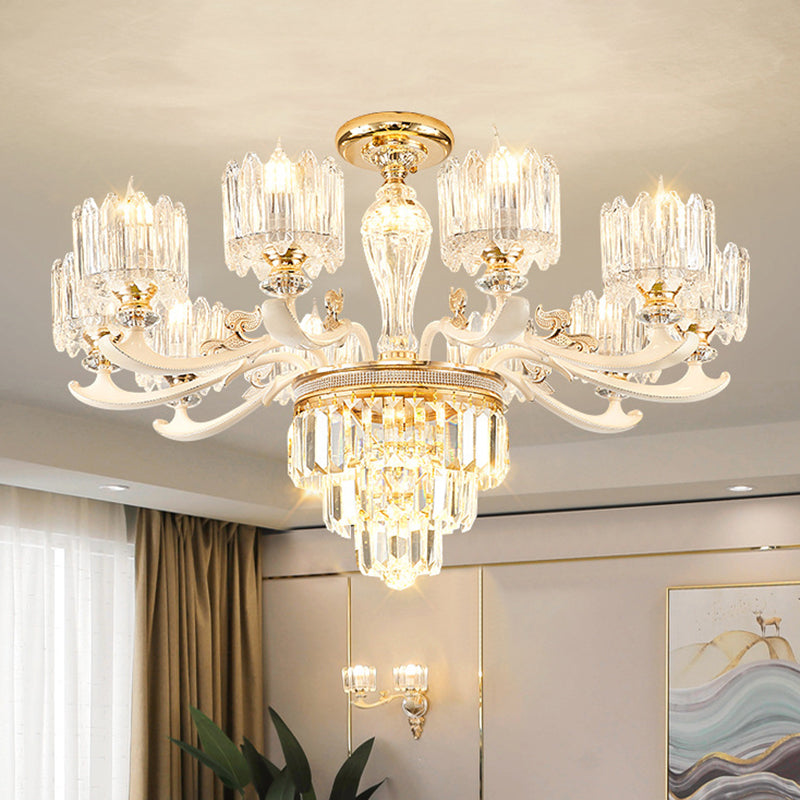 Cylindrical Shaped Living Room Chandelier Light Retro Clear Glass Gold Pendant Light with Layered Crystal Decor Clearhalo 'Ceiling Lights' 'Chandeliers' Lighting' options 2198640