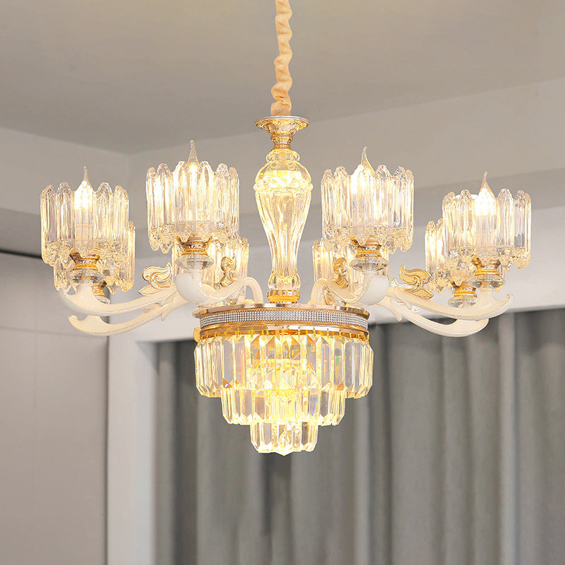 Cylindrical Shaped Living Room Chandelier Light Retro Clear Glass Gold Pendant Light with Layered Crystal Decor Clearhalo 'Ceiling Lights' 'Chandeliers' Lighting' options 2198641