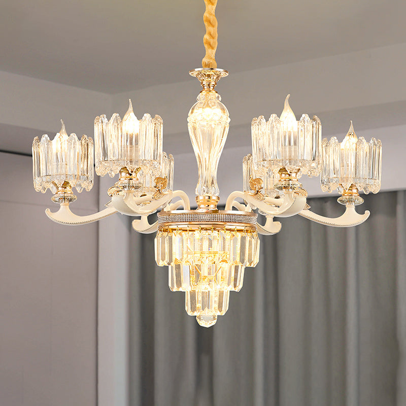 Cylindrical Shaped Living Room Chandelier Light Retro Clear Glass Gold Pendant Light with Layered Crystal Decor Clearhalo 'Ceiling Lights' 'Chandeliers' Lighting' options 2198642