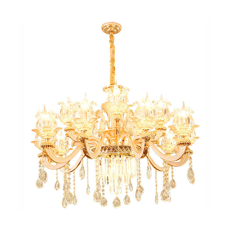 Handblown Glass Flower Suspension Light Retro Style Living Room Chandelier Light with Tiered Crystal Decor in Gold Clearhalo 'Ceiling Lights' 'Chandeliers' Lighting' options 2198644