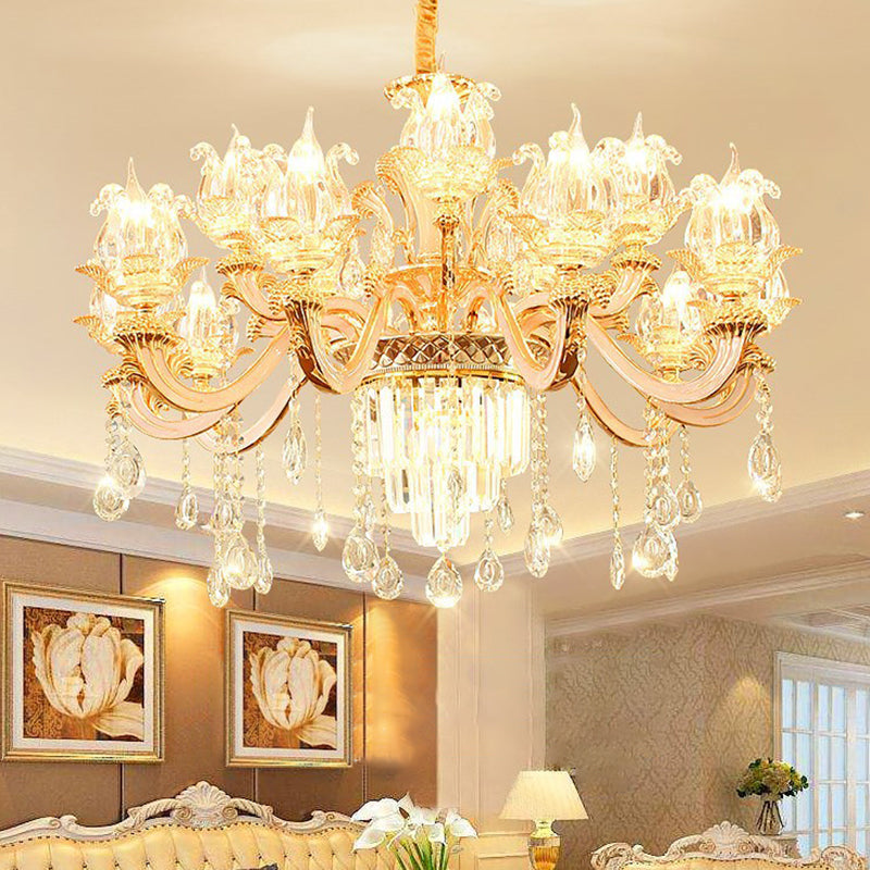 Handblown Glass Flower Suspension Light Retro Style Living Room Chandelier Light with Tiered Crystal Decor in Gold Clearhalo 'Ceiling Lights' 'Chandeliers' Lighting' options 2198645