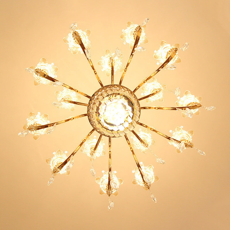 Handblown Glass Flower Suspension Light Retro Style Living Room Chandelier Light with Tiered Crystal Decor in Gold Clearhalo 'Ceiling Lights' 'Chandeliers' Lighting' options 2198646