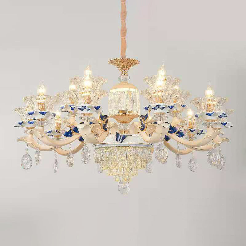 Beige Ruffle Floral Chandelier Light Vintage Faceted Glass Living Room Hanging Light with Crystal Accent Clearhalo 'Ceiling Lights' 'Chandeliers' Lighting' options 2198652