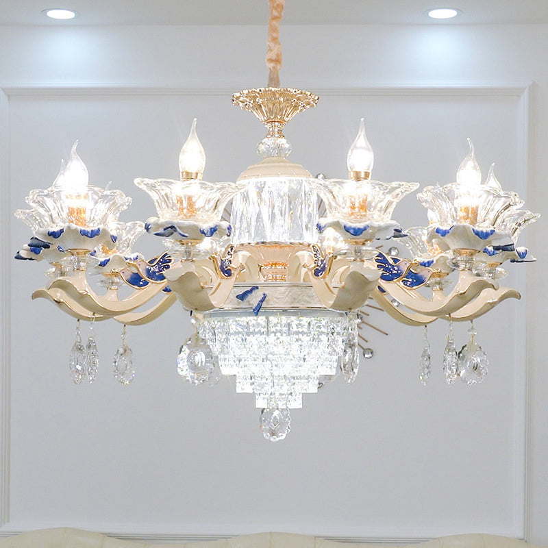 Beige Ruffle Floral Chandelier Light Vintage Faceted Glass Living Room Hanging Light with Crystal Accent 10 Beige Clearhalo 'Ceiling Lights' 'Chandeliers' Lighting' options 2198655_ac2ebb6f-516b-4f32-a293-7c81f34a7919