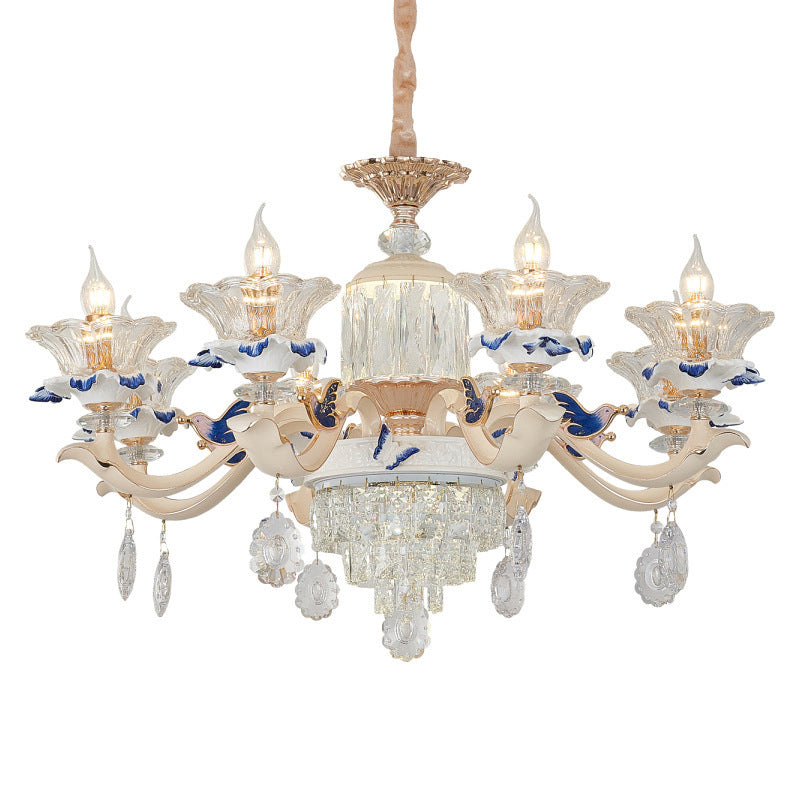 Beige Ruffle Floral Chandelier Light Vintage Faceted Glass Living Room Hanging Light with Crystal Accent Clearhalo 'Ceiling Lights' 'Chandeliers' Lighting' options 2198659