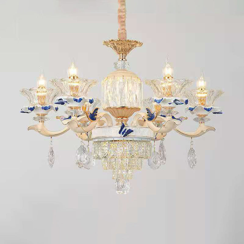 Beige Ruffle Floral Chandelier Light Vintage Faceted Glass Living Room Hanging Light with Crystal Accent 6 Beige Clearhalo 'Ceiling Lights' 'Chandeliers' Lighting' options 2198660_b9e70b7b-ab11-4e03-b683-300206edf43a