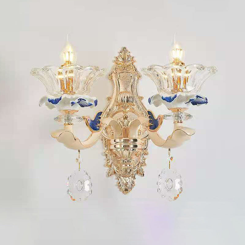 Beige Ruffle Floral Chandelier Light Vintage Faceted Glass Living Room Hanging Light with Crystal Accent 2 Beige Clearhalo 'Ceiling Lights' 'Chandeliers' Lighting' options 2198661_016b9b59-36f1-4425-9f49-0ccd5b047782