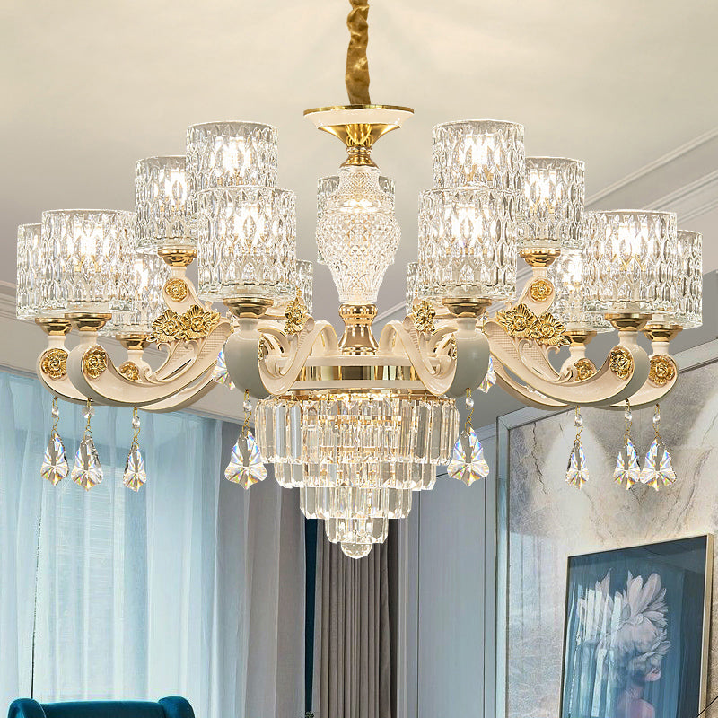 Cylinder Ripple Glass Chandelier Pendant Light Vintage Living Room Hanging Light with Crystal Draping in White Clearhalo 'Ceiling Lights' 'Chandeliers' Lighting' options 2198663