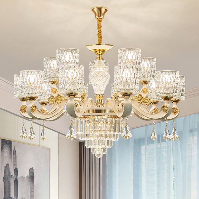 Cylinder Ripple Glass Chandelier Pendant Light Vintage Living Room Hanging Light with Crystal Draping in White Clearhalo 'Ceiling Lights' 'Chandeliers' Lighting' options 2198665