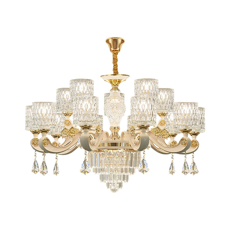 Cylinder Ripple Glass Chandelier Pendant Light Vintage Living Room Hanging Light with Crystal Draping in White Clearhalo 'Ceiling Lights' 'Chandeliers' Lighting' options 2198667