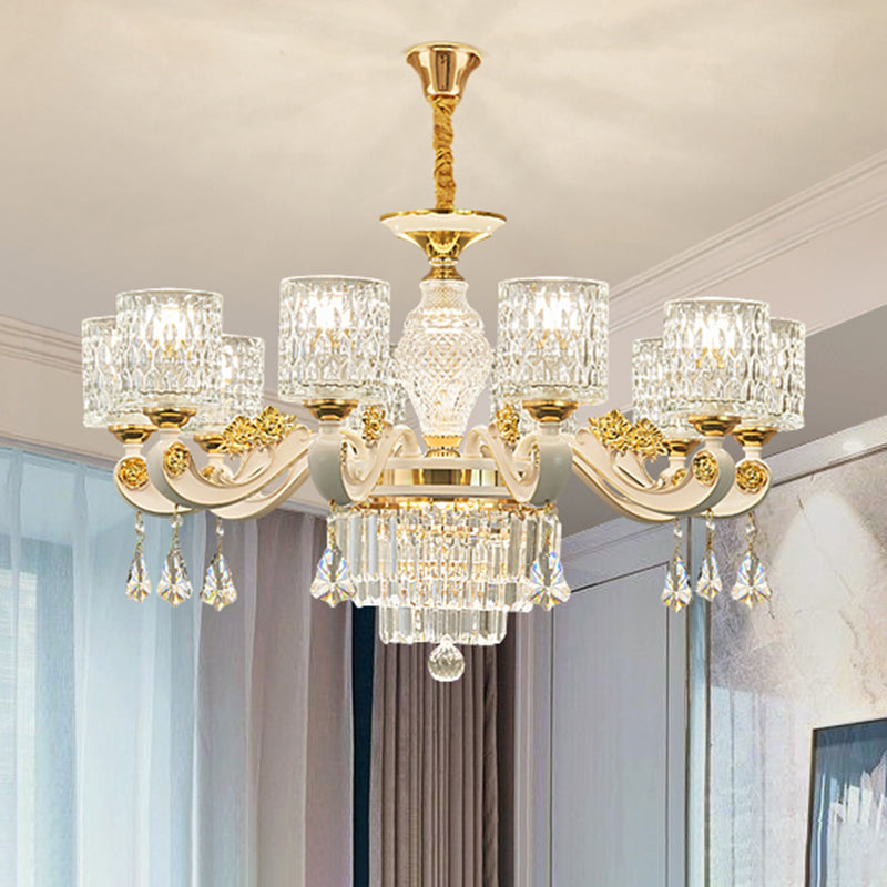 Cylinder Ripple Glass Chandelier Pendant Light Vintage Living Room Hanging Light with Crystal Draping in White 10 White Clearhalo 'Ceiling Lights' 'Chandeliers' Lighting' options 2198668_390ace60-0057-4c27-b369-e0865359923a