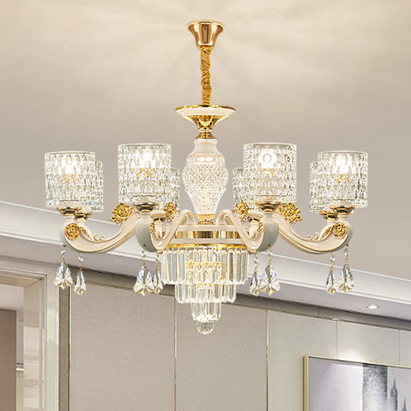 Cylinder Ripple Glass Chandelier Pendant Light Vintage Living Room Hanging Light with Crystal Draping in White Clearhalo 'Ceiling Lights' 'Chandeliers' Lighting' options 2198670