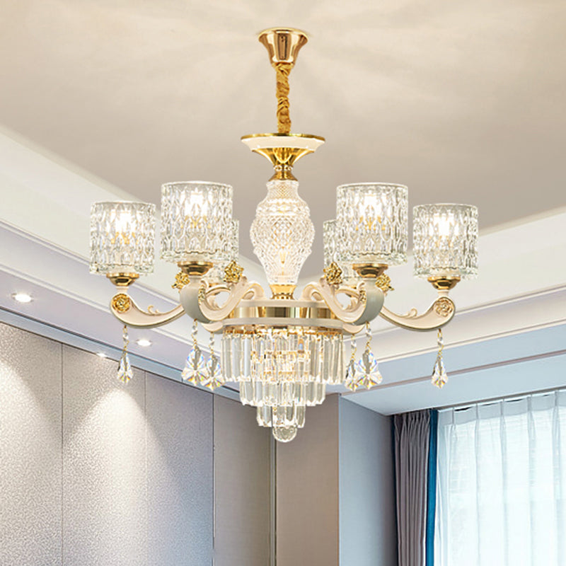 Cylinder Ripple Glass Chandelier Pendant Light Vintage Living Room Hanging Light with Crystal Draping in White 6 White Clearhalo 'Ceiling Lights' 'Chandeliers' Lighting' options 2198671_292df41f-e833-481c-a5eb-c9c4178aa3fa