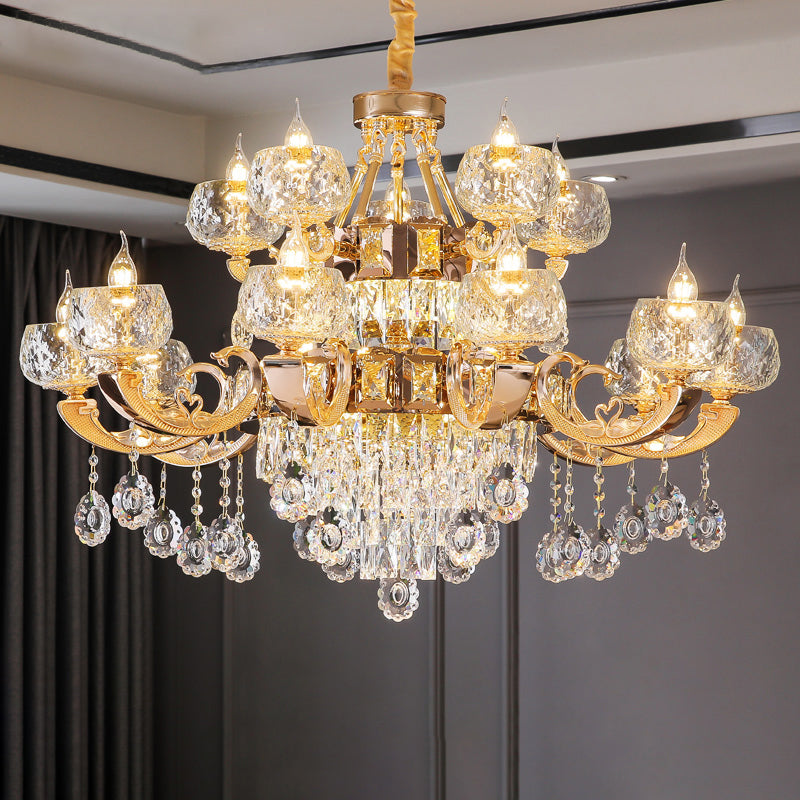 Faceted Glass Gold Chandelier Lighting Oblate Classic Pendant Light with Crystal Draping Clearhalo 'Ceiling Lights' 'Chandeliers' Lighting' options 2198672