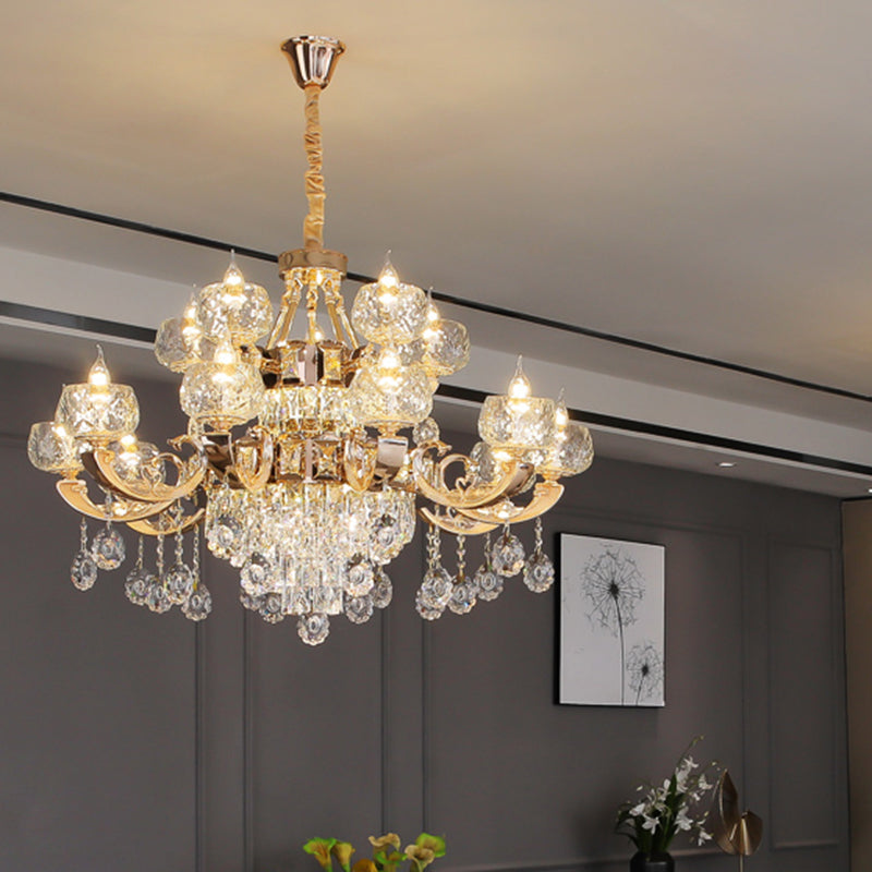 Faceted Glass Gold Chandelier Lighting Oblate Classic Pendant Light with Crystal Draping Clearhalo 'Ceiling Lights' 'Chandeliers' Lighting' options 2198673