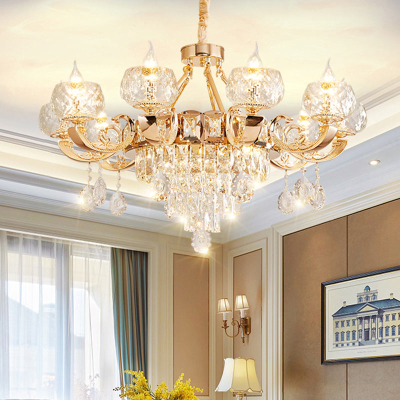 Faceted Glass Gold Chandelier Lighting Oblate Classic Pendant Light with Crystal Draping Clearhalo 'Ceiling Lights' 'Chandeliers' Lighting' options 2198675