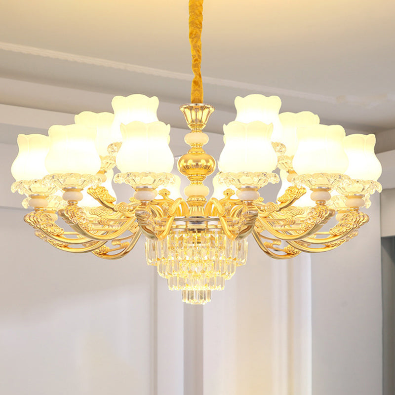 Gold Chandelier Light Retro Opal Glass Bud Pendant Light Fixture with Tiered Crystal Decor Clearhalo 'Ceiling Lights' 'Chandeliers' Lighting' options 2198682