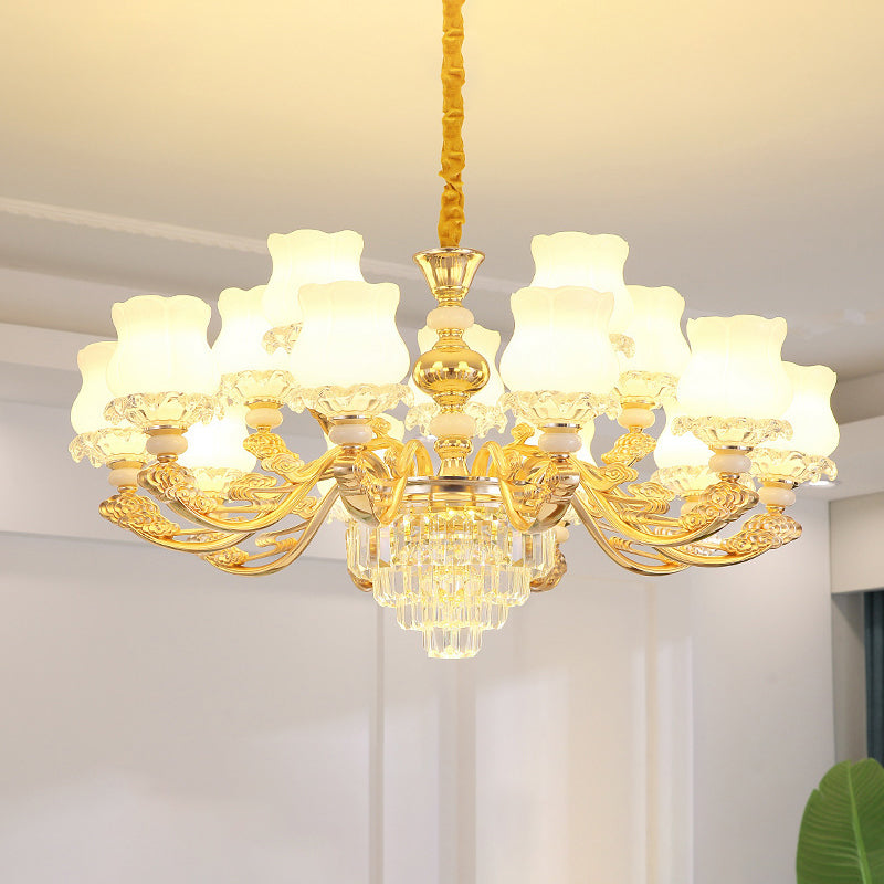 Gold Chandelier Light Retro Opal Glass Bud Pendant Light Fixture with Tiered Crystal Decor 15 Gold Clearhalo 'Ceiling Lights' 'Chandeliers' Lighting' options 2198683_14f40cde-937f-4046-ac6b-90ac95b587a8