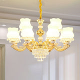 Gold Chandelier Light Retro Opal Glass Bud Pendant Light Fixture with Tiered Crystal Decor Clearhalo 'Ceiling Lights' 'Chandeliers' Lighting' options 2198684