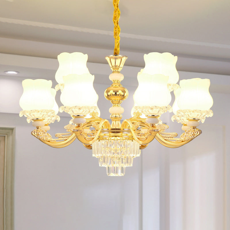 Gold Chandelier Light Retro Opal Glass Bud Pendant Light Fixture with Tiered Crystal Decor 12 Gold Clearhalo 'Ceiling Lights' 'Chandeliers' Lighting' options 2198684_e81239d5-6264-49de-b4dd-fbc2a7c5236c