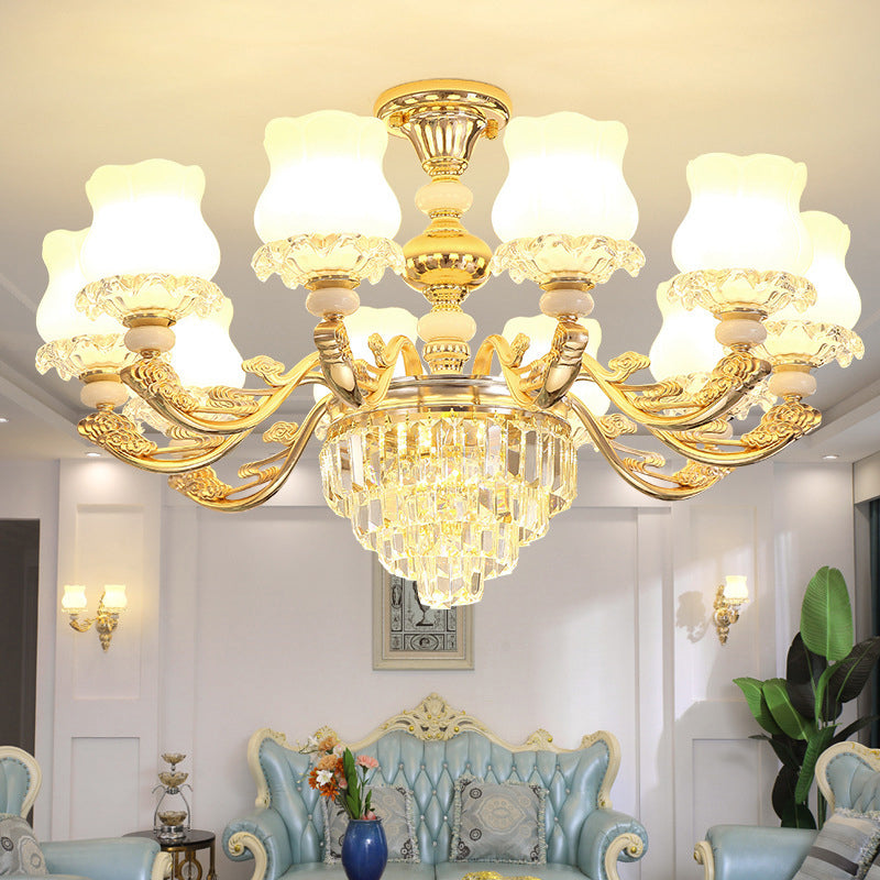 Gold Chandelier Light Retro Opal Glass Bud Pendant Light Fixture with Tiered Crystal Decor Clearhalo 'Ceiling Lights' 'Chandeliers' Lighting' options 2198685