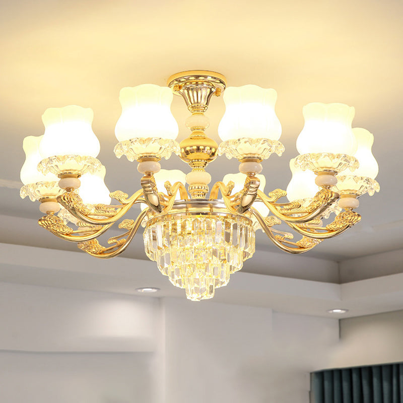 Gold Chandelier Light Retro Opal Glass Bud Pendant Light Fixture with Tiered Crystal Decor Clearhalo 'Ceiling Lights' 'Chandeliers' Lighting' options 2198686