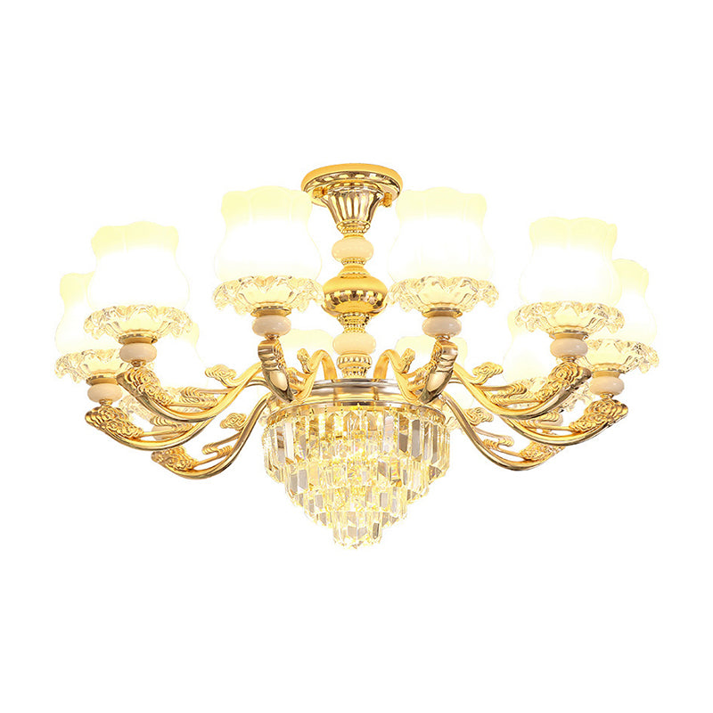 Gold Chandelier Light Retro Opal Glass Bud Pendant Light Fixture with Tiered Crystal Decor Clearhalo 'Ceiling Lights' 'Chandeliers' Lighting' options 2198688