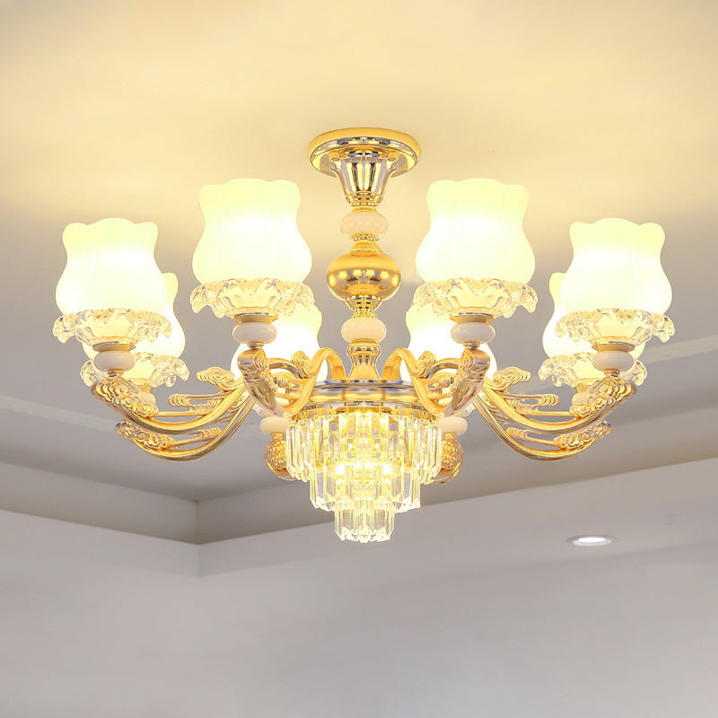 Gold Chandelier Light Retro Opal Glass Bud Pendant Light Fixture with Tiered Crystal Decor Clearhalo 'Ceiling Lights' 'Chandeliers' Lighting' options 2198689