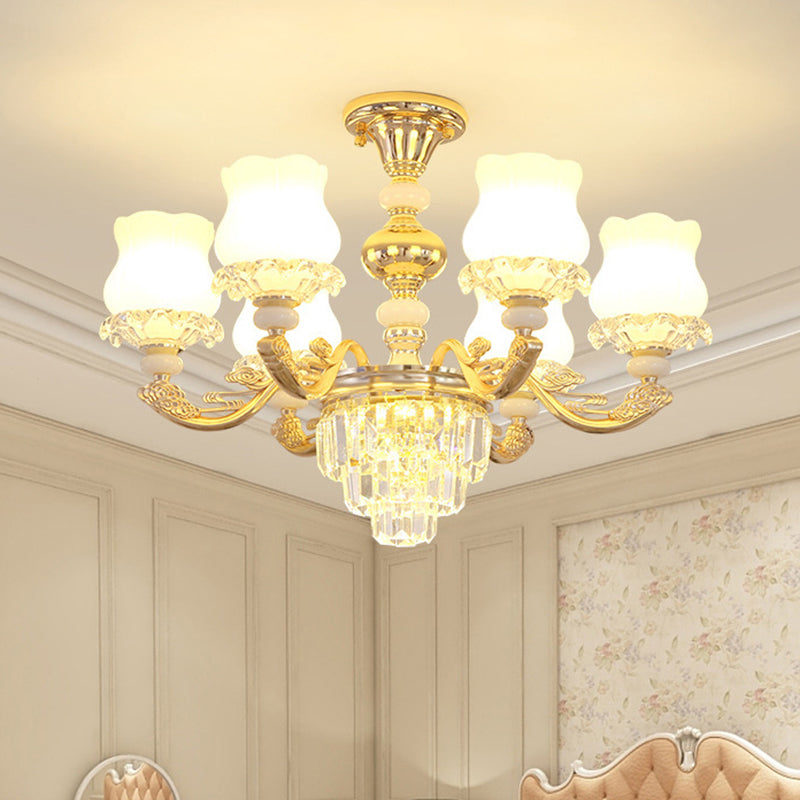 Gold Chandelier Light Retro Opal Glass Bud Pendant Light Fixture with Tiered Crystal Decor 6 Gold Clearhalo 'Ceiling Lights' 'Chandeliers' Lighting' options 2198690_e2a9c5ba-6a85-4489-8583-9357b195fdf3