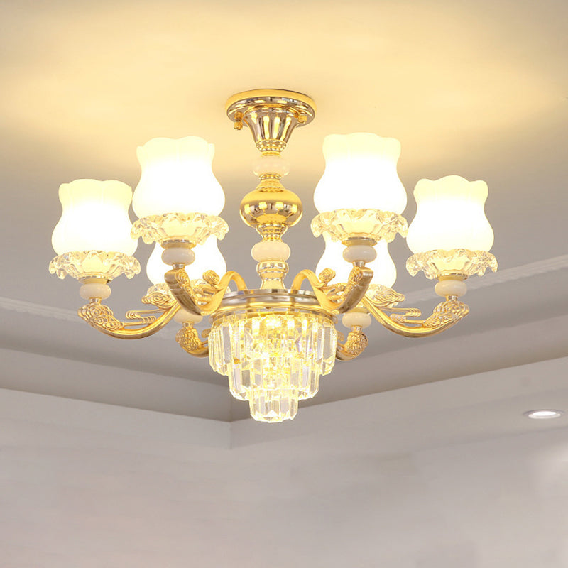 Gold Chandelier Light Retro Opal Glass Bud Pendant Light Fixture with Tiered Crystal Decor Clearhalo 'Ceiling Lights' 'Chandeliers' Lighting' options 2198691