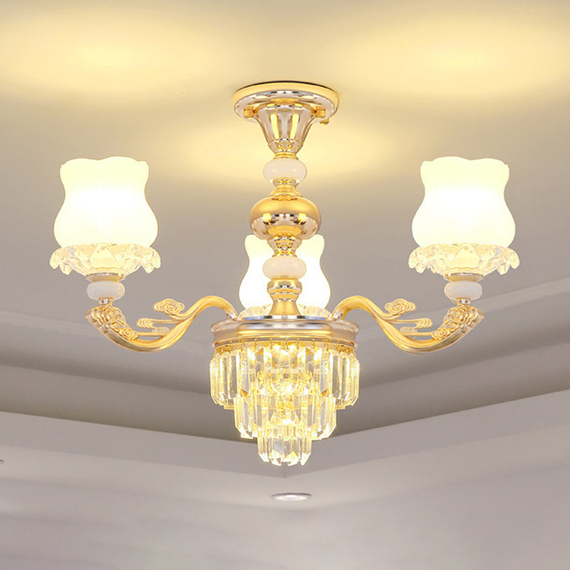 Gold Chandelier Light Retro Opal Glass Bud Pendant Light Fixture with Tiered Crystal Decor Clearhalo 'Ceiling Lights' 'Chandeliers' Lighting' options 2198692