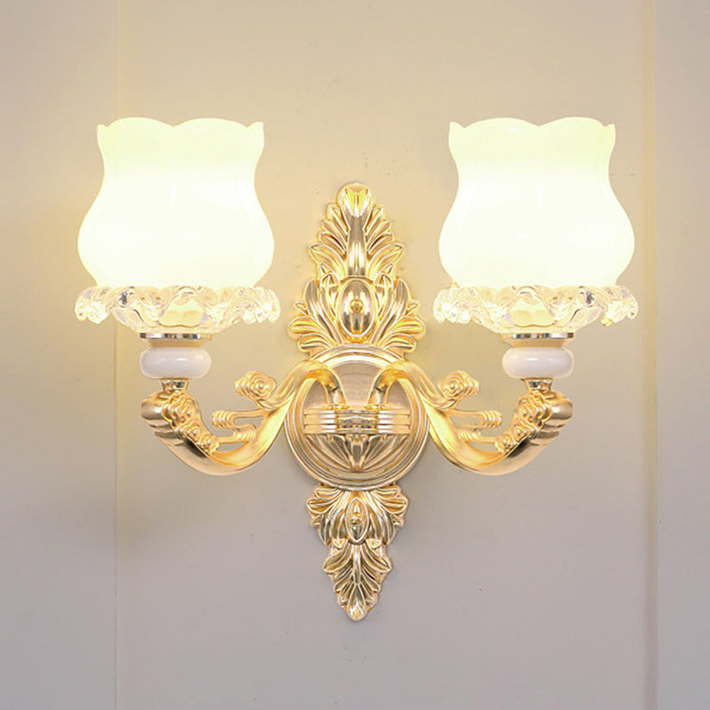 Gold Chandelier Light Retro Opal Glass Bud Pendant Light Fixture with Tiered Crystal Decor Clearhalo 'Ceiling Lights' 'Chandeliers' Lighting' options 2198693