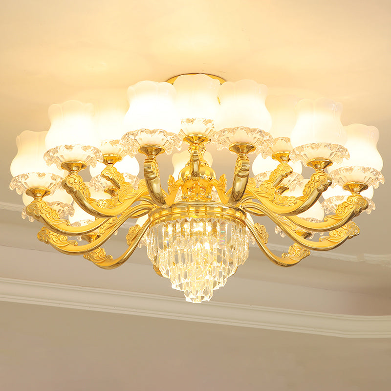 Retro Style Bud Suspension Light Cream Glass Chandelier Light with Layered Crystal Decor in Gold Clearhalo 'Ceiling Lights' 'Chandeliers' Lighting' options 2198694