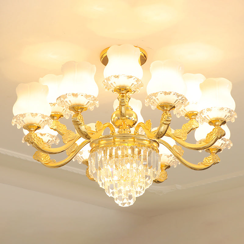 Retro Style Bud Suspension Light Cream Glass Chandelier Light with Layered Crystal Decor in Gold Clearhalo 'Ceiling Lights' 'Chandeliers' Lighting' options 2198696