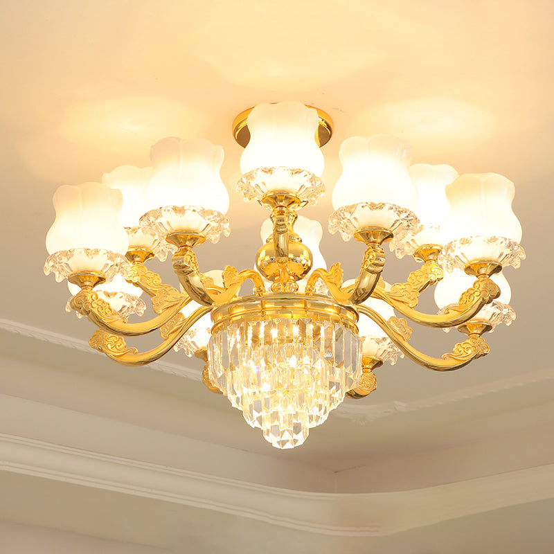 Retro Style Bud Suspension Light Cream Glass Chandelier Light with Layered Crystal Decor in Gold Clearhalo 'Ceiling Lights' 'Chandeliers' Lighting' options 2198697