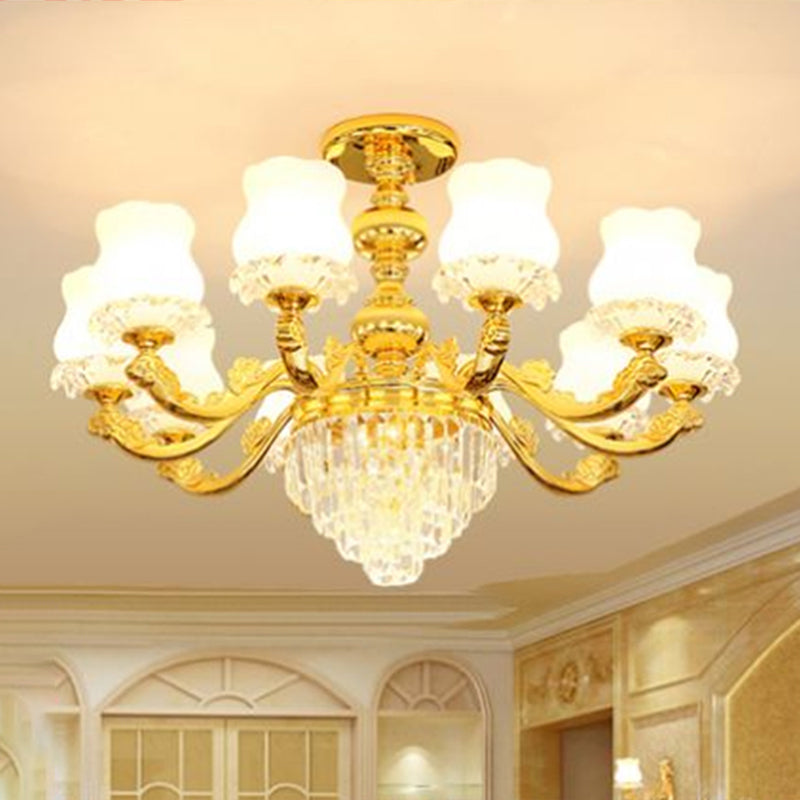 Retro Style Bud Suspension Light Cream Glass Chandelier Light with Layered Crystal Decor in Gold Clearhalo 'Ceiling Lights' 'Chandeliers' Lighting' options 2198699