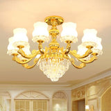 Retro Style Bud Suspension Light Cream Glass Chandelier Light with Layered Crystal Decor in Gold Clearhalo 'Ceiling Lights' 'Chandeliers' Lighting' options 2198699