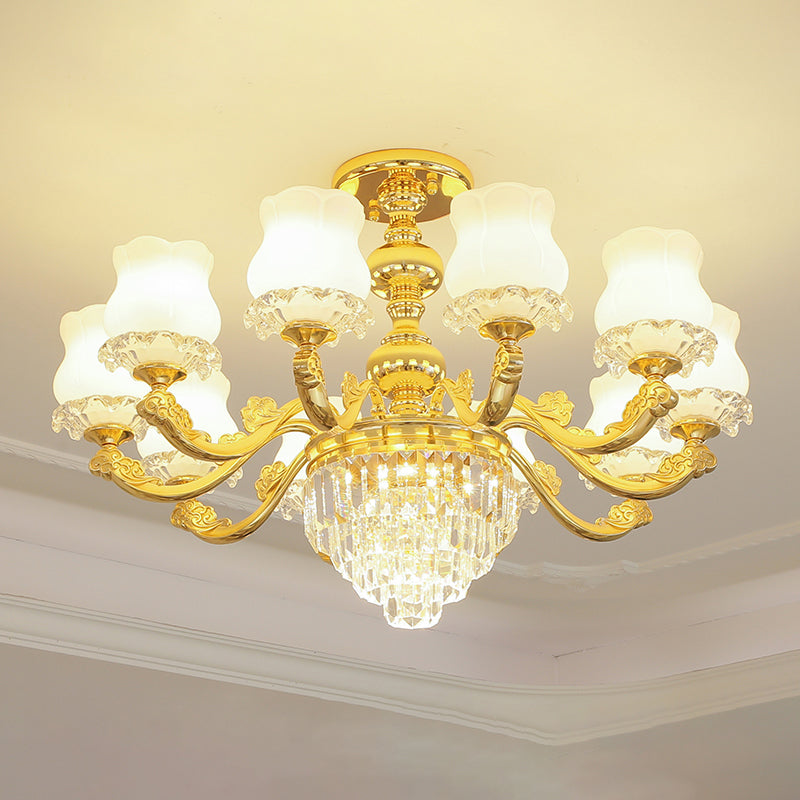 Retro Style Bud Suspension Light Cream Glass Chandelier Light with Layered Crystal Decor in Gold Clearhalo 'Ceiling Lights' 'Chandeliers' Lighting' options 2198700