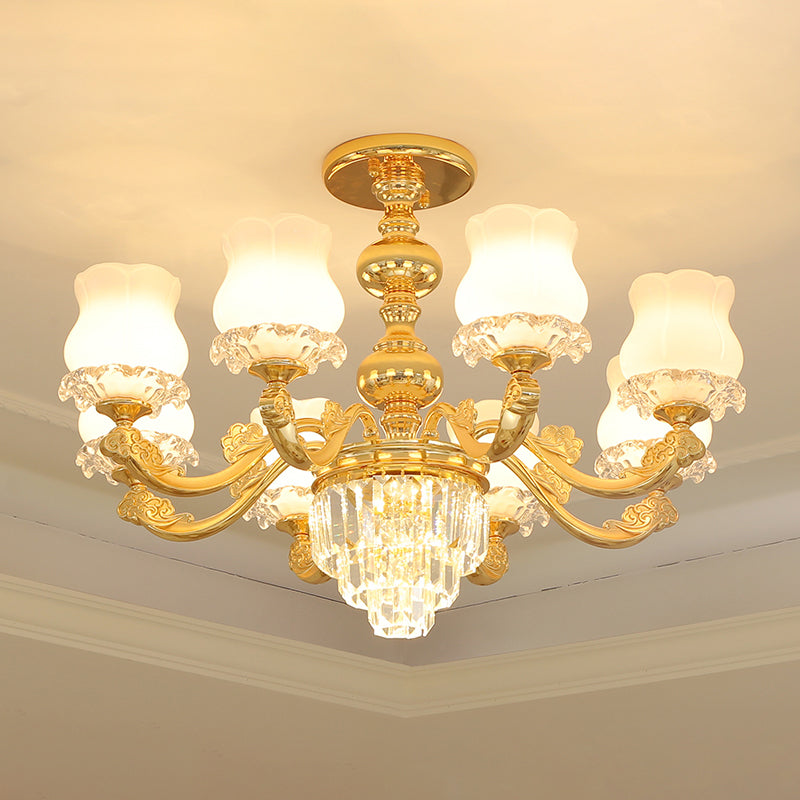 Retro Style Bud Suspension Light Cream Glass Chandelier Light with Layered Crystal Decor in Gold Clearhalo 'Ceiling Lights' 'Chandeliers' Lighting' options 2198701