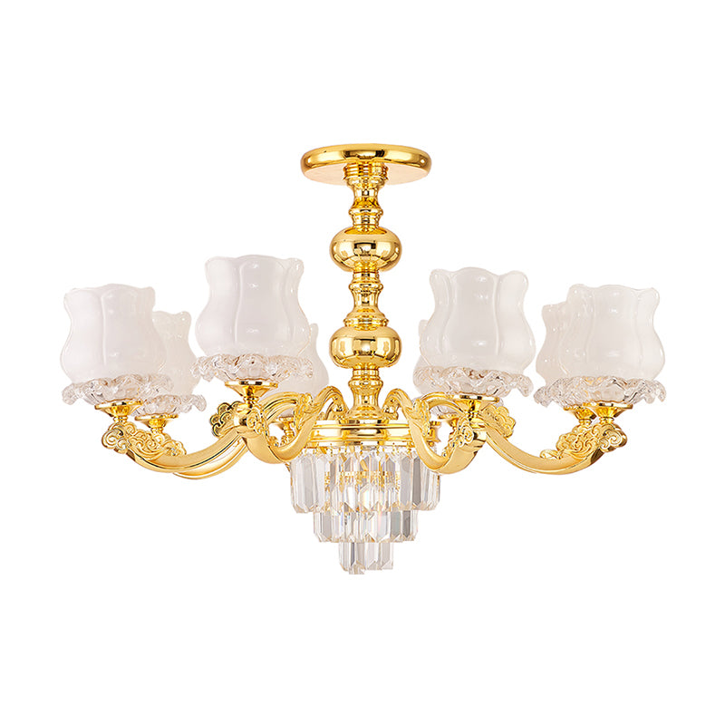 Retro Style Bud Suspension Light Cream Glass Chandelier Light with Layered Crystal Decor in Gold Clearhalo 'Ceiling Lights' 'Chandeliers' Lighting' options 2198703