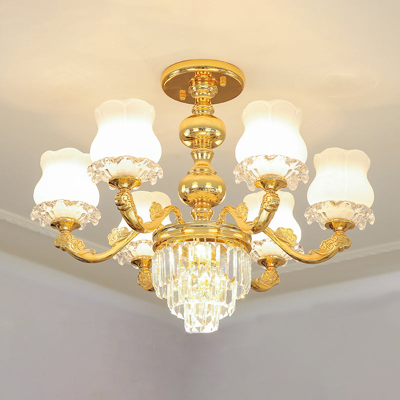 Retro Style Bud Suspension Light Cream Glass Chandelier Light with Layered Crystal Decor in Gold Clearhalo 'Ceiling Lights' 'Chandeliers' Lighting' options 2198704