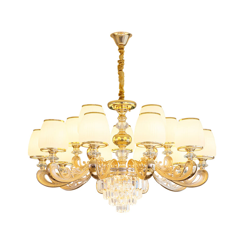 Barrel White Frosted Glass Chandelier Lighting Classic Bedroom Pendant Light with Tiered Crystal Accent Clearhalo 'Ceiling Lights' 'Chandeliers' Lighting' options 2198706