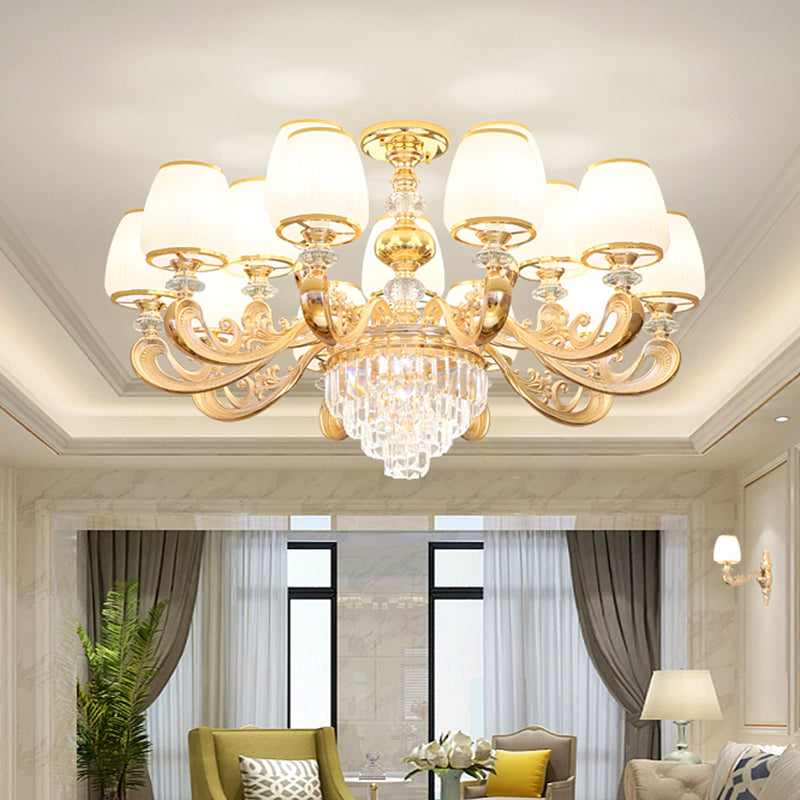 Barrel White Frosted Glass Chandelier Lighting Classic Bedroom Pendant Light with Tiered Crystal Accent 12 White Clearhalo 'Ceiling Lights' 'Chandeliers' Lighting' options 2198707_2d645017-7fbb-4c6c-9a22-3d2c150efa4e