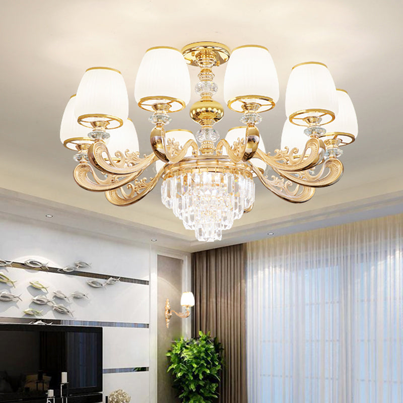 Barrel White Frosted Glass Chandelier Lighting Classic Bedroom Pendant Light with Tiered Crystal Accent Clearhalo 'Ceiling Lights' 'Chandeliers' Lighting' options 2198710