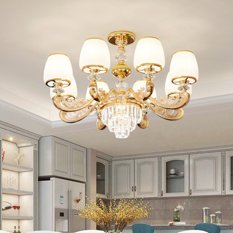 Barrel White Frosted Glass Chandelier Lighting Classic Bedroom Pendant Light with Tiered Crystal Accent Clearhalo 'Ceiling Lights' 'Chandeliers' Lighting' options 2198712