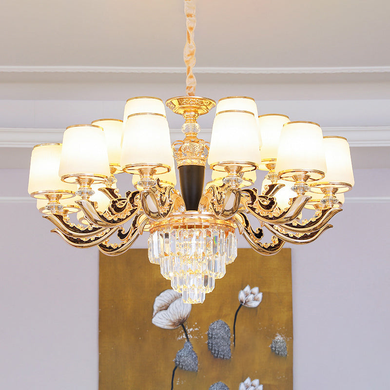 White Glass Tapered Ceiling Lighting Traditional Living Room Chandelier Light with Layered Crystal Decor 18 White Clearhalo 'Ceiling Lights' 'Chandeliers' Lighting' options 2198716_0ade3a98-9ace-4978-a95c-93bf12ca34c8