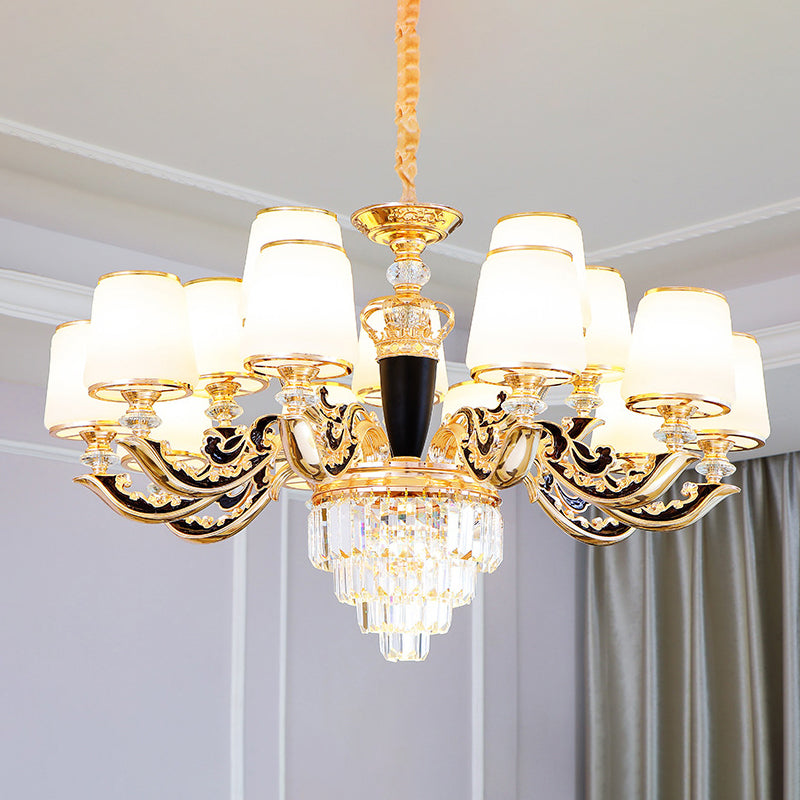 White Glass Tapered Ceiling Lighting Traditional Living Room Chandelier Light with Layered Crystal Decor 15 White Clearhalo 'Ceiling Lights' 'Chandeliers' Lighting' options 2198717_26377c08-8d64-42f0-969c-296def9b84a1