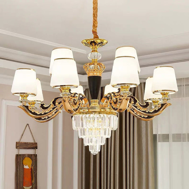 White Glass Tapered Ceiling Lighting Traditional Living Room Chandelier Light with Layered Crystal Decor Clearhalo 'Ceiling Lights' 'Chandeliers' Lighting' options 2198718