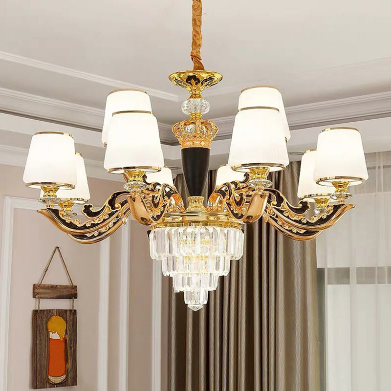 White Glass Tapered Ceiling Lighting Traditional Living Room Chandelier Light with Layered Crystal Decor Clearhalo 'Ceiling Lights' 'Chandeliers' Lighting' options 2198719